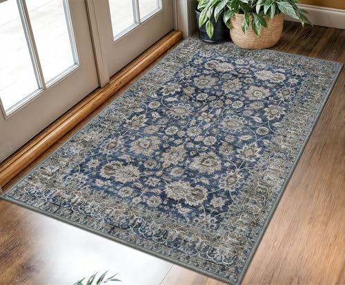 KOZYFLY 3x5 Entryway Rug Washable Vintage Area Rug Floral Blue