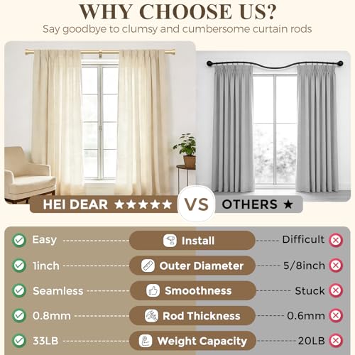 HEI! DEAR Gold Curtain Rods 72 to 144 Inch(6-12FT),1 Inch Long Curtain Rod,Adjustable Heavy Duty Curtain Rods,Modern Decorative Drapery Rods,Telescoping Window Single Curtains Rods 36-150",Brass Gold