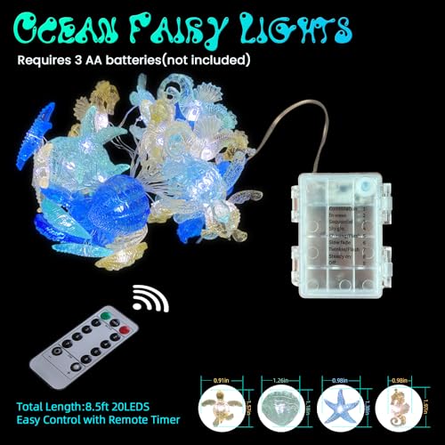 Ocean Beach themed Sea Life Cute Fairy Decorative String Lights Battery Operated, Seahorse Starfish Sea Turtle Clam Nautical Rope Lights Lit by 30 LEDs 10 ft for Holiday Camping Mermaid Wedding