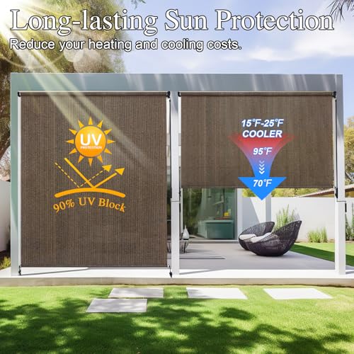 Amagenix Outdoor Roller Shades, 220GSM HDPE Exterior Cordless Patio Shades Roll Up Outdoor Blinds for Porch Gazebo 10'(W) x 8'(H), Spliced Poles Design, Mocha