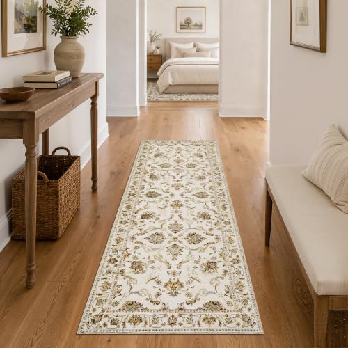 jinchan 2x5 Traditional Floral Runner Rug, Washable Rug, Oatmeal Rust