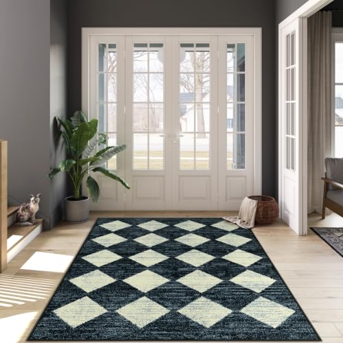 Lahome 5x7 Black Rug Checkered Non Slip Living Room Large Washable Area Rug
