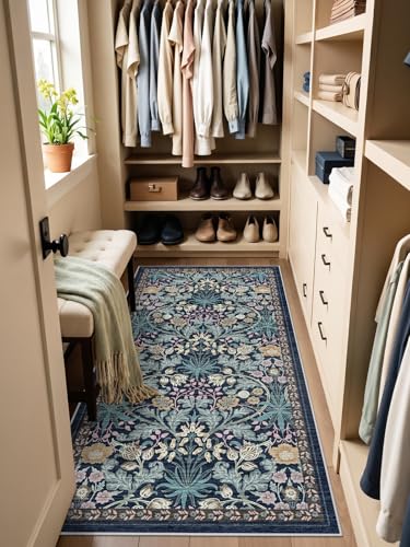 3x6 Washable Non-Slip Entryway Rug: Floral Indoor Runner Rugs Floor Carpet for Hallways Kitchen Bedroom Laundry Bathroom Beside Bed - Stain & Fade Resistant, Boho Botanical Design 3x6 Blue
