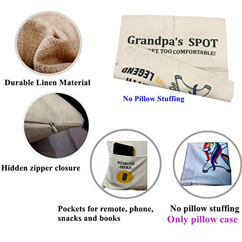 ZUYUROU Grandpa Gifts,2-Pocket Grandpa’s Spot Throw Pillow Covers 18x18 Inch + Engraved Spoon, Fathers Day Birthday Christmas Thanksgiving Day Gifts for Papa, Granddad