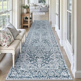 Vintage Washable Rug Runners 3x10 Blue White  Long Hall Rug 10ft