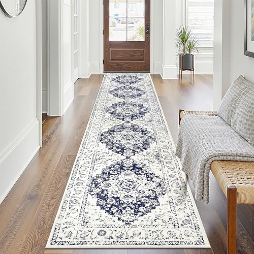 Pauwer Vintage Floral 2x10 Runner Rug, Non Slip Hallway Runner, Navy Blue