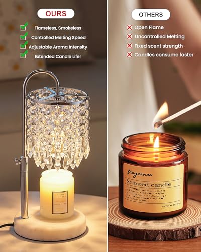 Candle Warmer Lamp with Timer Dimmer and 3 Bulbs, Candle Lamp Warmer with Marble Base for Adjustable Height, Crystal Candle Lamp for Jar Candles, House Warming Gifts Home Room Decor, Silver