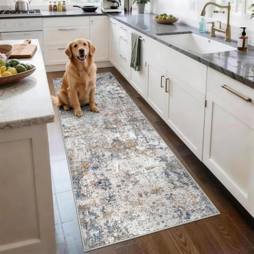 Washable 2.6x8 Runner Rug, Blue Rust Abstract Non-Slip for Hallway, Kitchen