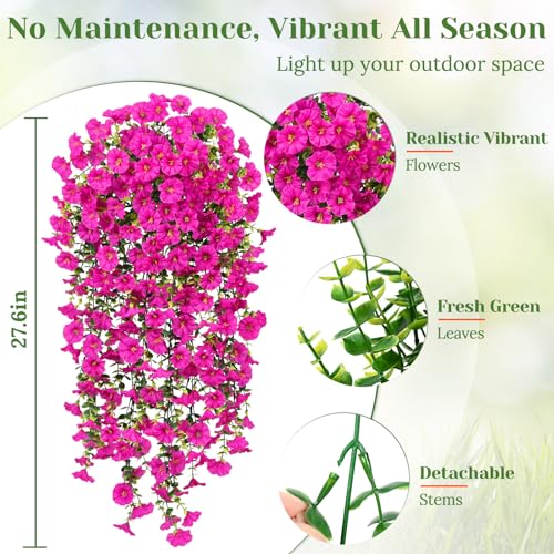 MARTINE MALL 2 Pcs Look Real Artificial Flowers for Outdoors, Realistic Artificial Hanging Flowers for Outdoors, UV Resistant Fake Hanging Plants Silk Petunia Faux Flowers for Porch Patio, Fuchsia