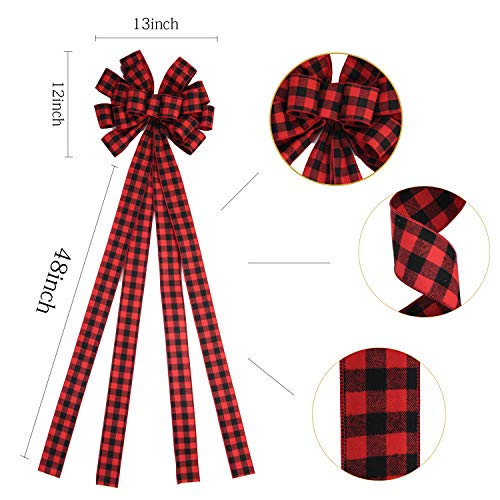 Christmas Checked Tree Topper,48x13 Inches Large Toppers Bow,Red and Black Plaid Buffalo Decorative Bows for Christmas Decoration (Red and Black Plaid)