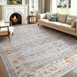 Washable Area Rug 8x10 Non-Slip Floral Dining Carpet, Sky Blue