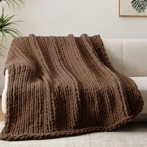 Negwoo Chunky Knit Throw Blanket, 50''*60'' Knitted Throw Chenille Yarn for Bed Couch, Handmade Dark Brown Crochet Big Thick Blanket, Machine Washable Cute Comfy Blanket for Home Decor