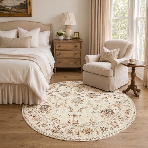 jinchan 7ft Traditional Floral Round Rug, Washable Rug, Oatmeal Rust