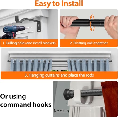 5/8 Inch Black Curtain Rod for Window 16 to 52 Inch, Small Window Curtain Rod With Brackets for Cafe, Windows, Kitchen, Bedroom, Living Room, Sliding Glass Door, Drilling Installation