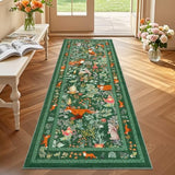 nesrt Cute Botanical Runner Rugs for Hallway 2x6ft, Non Slip Animal Printed Kitchen Rug Washable, Soft Thin Jungle Fox Bedside Runners, Woodland Accent Floor Carpet for Bedroom Hall Bathroom (Green)