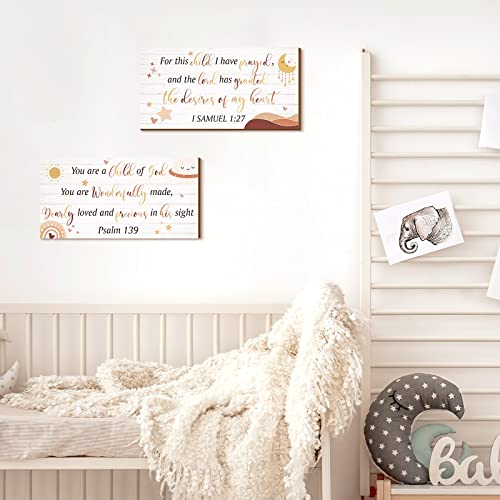 Yookeer 2 Pcs Nursery Wall Art Wooden Baby Room Wall Decor This Child I Have Prayed Bible Quote Hanging Sign for Girls Boys Teen Home Room Bedroom Playroom(Cute)