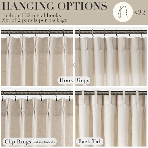 Linen Pinch Pleated Curtains 84 Inch Length for Living Room 2 Panels Semi Sheer Curtain with Hooks Neutral Boho Farmhouse Light Filtering Privacy Window Drapes for Bedroom Natural Cream Beige 52x84
