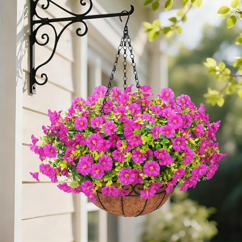 Yastouay Artificial Hanging Flowers for Outdoors, Fake Hanging Plants with Baskets, UV Resistant Hanging Flowers Fake Flowers for Outdoors Porch Patio Garden Spring Summer Decor(Purple Red)
