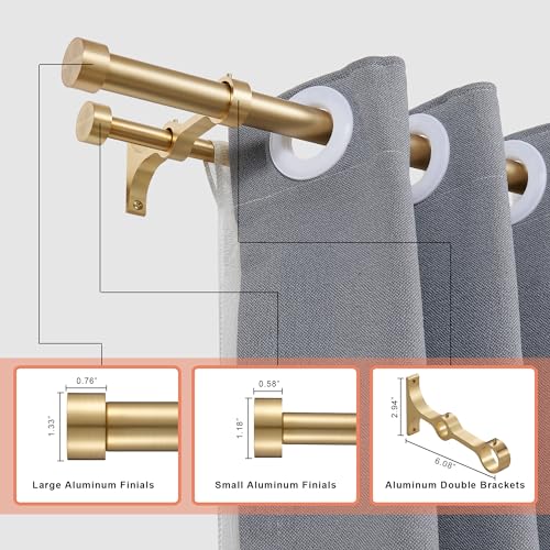 Double Curtain Rods with Aluminum End Cap and Full Surround Brackets,1"Front and 5/8" Back Rod,Adjustable between 36 to 72 Inches (3-6 Feet), Warm Gold Double Window Drapery Rod