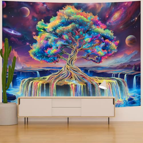 Obsecolors Blacklight Tree of Life Tapestry UV Reactive Waterfall Tapestry Galaxy Space Aesthetic Tree Wall Tapestries Colorful Starry Sky Tapestries Wall Hanging for Bedroom