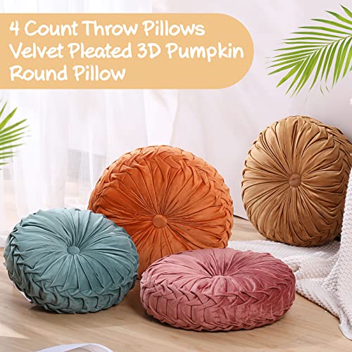 Kathfly 4 Pcs Decorative Round Pleated Throw Pillows, Classy Velvet Pumpkin Round Throw Pillows, Decorative Floor Pillow for Bed Chair Home Sofa Decor, 14" Diameter (Orange,Yellow,Pink,Green)