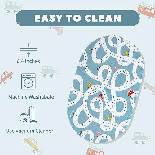LIVEBOX Large Washable Kids Rug, 4'x6' Non-Slip Car Road Rug for Playroom, Fun Kids Room Rugs for Bedroom, Blue Road Carpet Indoor Kid Play Mat for Toy Toddler Room Classroom