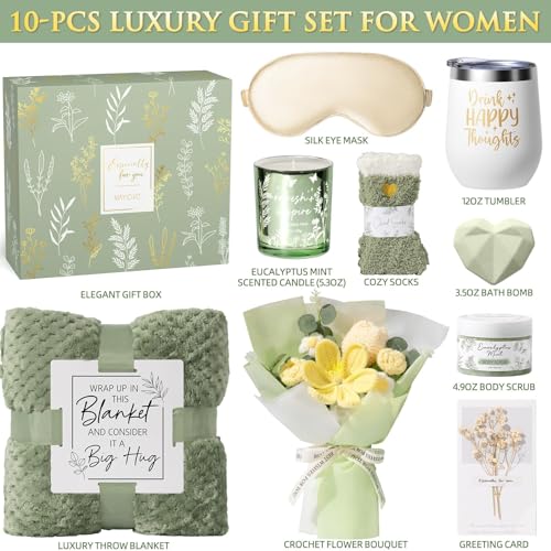 Birthday Gifts for Women Self Care Package Get Well Soon Gift Baskets, Thinking of You Sympathy Gift Set w/ Crochet Flower Bouquet, Unique Christmas Spa Gifts for Women Mom Her Best Friend Sister Wife