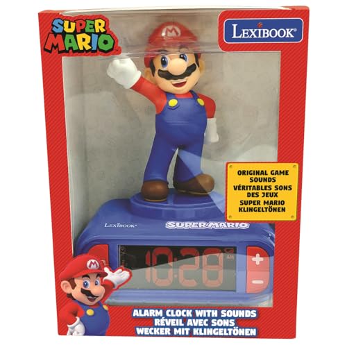 LEXiBOOK, Super Mario, Mario Nightlight Alarm Clock, Sounds and Melodies, LCD Backlit Screen, Luminous, Snooze, Red/Blue, RL800NI