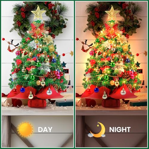 2FT Mini Christmas Tree, Artificial Tabletop Christmas Trees with 60 LED Lights, Prelit Small Christmas Tree, 100 Branch Tips, 80 Ornaments, Indoor Christmas Table Decor for Home Party