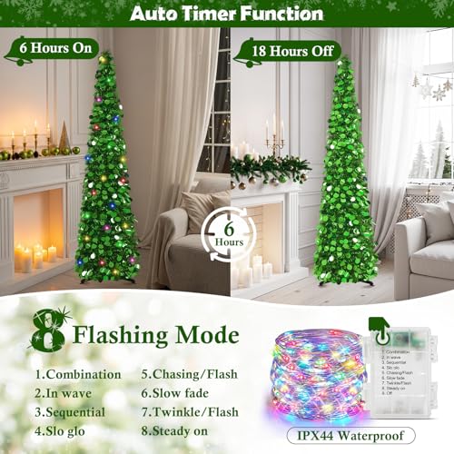 MACTING Pop Up Christmas Tree with 50 LED Lights 5FT Collapsible Tinsel Pencil Tree Easy-Assembly Coastal Glitter Artificial Tree for Porch Apartment Corner Home Party Indoor Xmas Decorations,Green