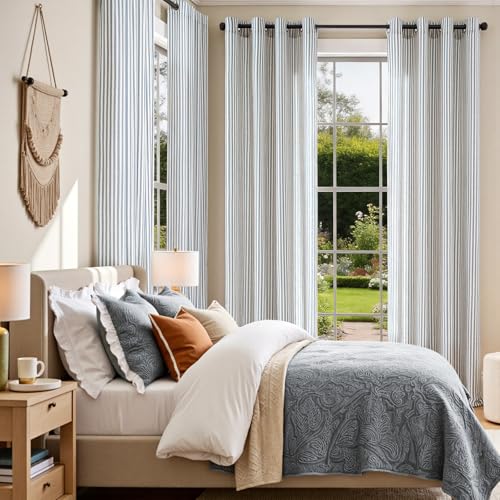 Vangao Linen Striped Curtains for Living Room Bedroom Farmhouse Tickingstripe Light Filtering Window Curtains Printed Drapes Grommet Top 2 Panels Blue W50 x L84 Inch