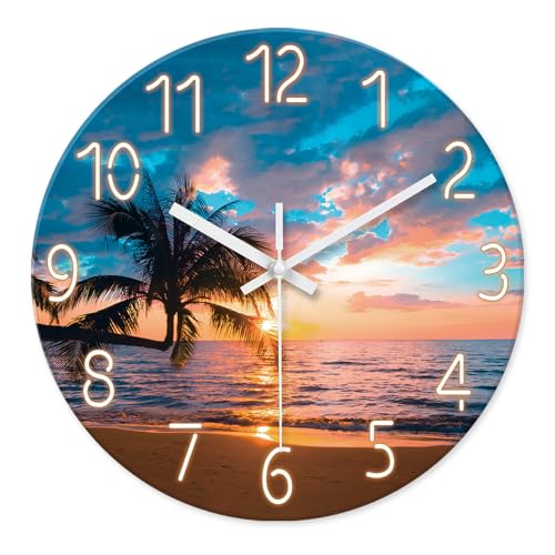 XFM Blue Nautical Beach Wall Clocks Battery Operated Palm Tree Wall Clocks for Living Room 12 Inch Round Glass Silent Wall Clock Non Ticking Sunset Clock