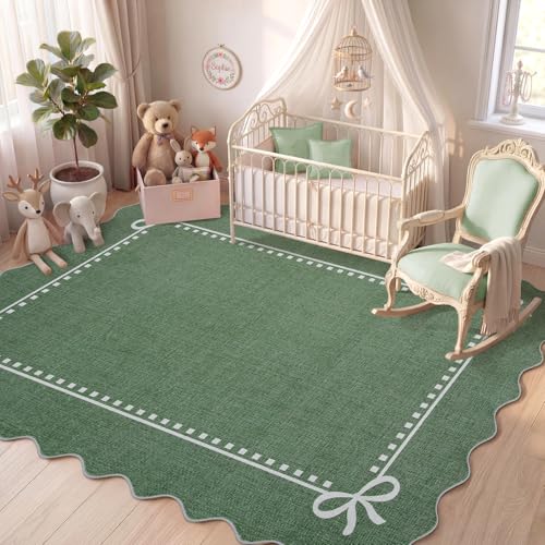 Garvee Scalloped Bow Rug Green Washable Solid 3x5 Area Rugs for Living Room
