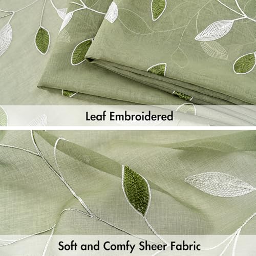MIULEE Sage Green Sheer Curtains 2 Panels Embroidered Leaf Patterned Rod Pocket Floral Semi Sheer Faux Linen Window Curtains Drapes Set for Living Room Bedroom Dining Room, 52x84 Inches Long