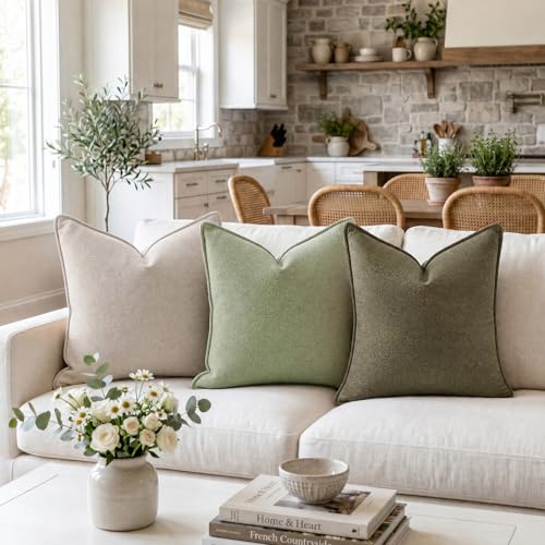 Fancy Homi Set of 2 Olive Green 22x22 Inch Soft Chenille Decorative Throw Pillow Covers with Flange Edge,Square Neutral Modern Boho Textured Cushion Case Home Decor for Couch Sofa Bed Livingroom