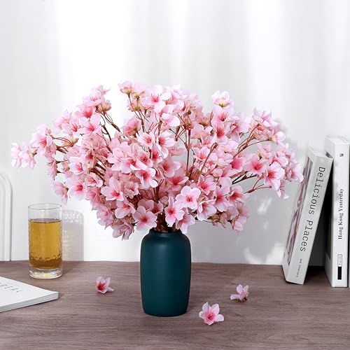 SITUMEIZI 6Pcs Artificial Cherry Blossom Branches Decor Fake Flowers Silk Spring Faux Flowers 16" Peach Bouquet for Home Wedding Bedroom Japanese Decoration DIY Table Centerpiece Arrangement(Pink)