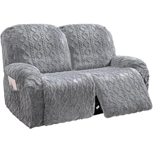 6 Pieces Oversized Recliner Chair Covers Geometric Jacquard Plush Slipcovers Sofa Covers Soft Fuzzy Fluffy Anti-Slip Furniture Protector for Kids Elastic Bottom (Gray, Oversized Recliner Loveseat)