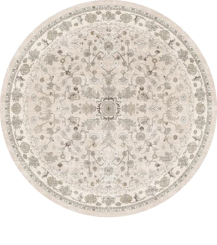 Round Kitchen Rugs 6ft Washable: Non-Slip Soft Low Pile Circle Area Rug for Under Table Living Room Dining Room Bedroom – Boho Floral Circular Floor Indoor Carpet (Beige,6x6)