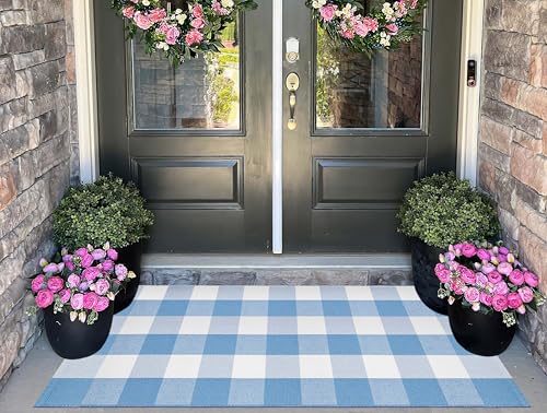 Front Porch Rug 24''x51''Light Blue and White Outdoor Rug Cotton Woven Washable Door Mat Outdoor for Layered Hello Welcome Door Mat Kitchen Farmhouse Entryway