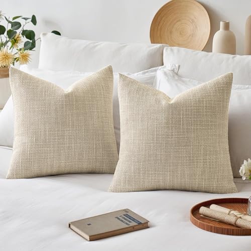 MIULEE Burlap Linen Throw Pillow Covers 20x20 Inch Set of 2 Beige