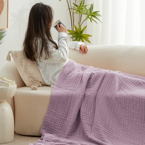 Love's cabin 100% Cotton Muslin Blanket, 6 Layer Lightweight Breathable Gauze Throw Blanket 50 x 60 Inches, Soft All Season Blanket for Couch, Bed, Sofa, Lavender