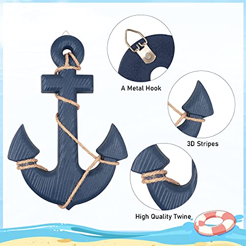 13" Nautical Wooden Anchor with Rope Nautical Beach Wood Anchor Wall Art Decor Door Hanging Ornament Beach Theme Home Decoration (Blue)