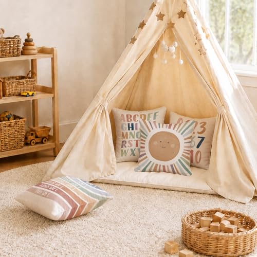 Kids Playroom Decor,Boho Sun Alphabet Throw Pillow Covers,Kids Reading Nook Decor Pillowcase for Classroom Playroom Nursery,18x18 Inch Pillowcase Set of 4