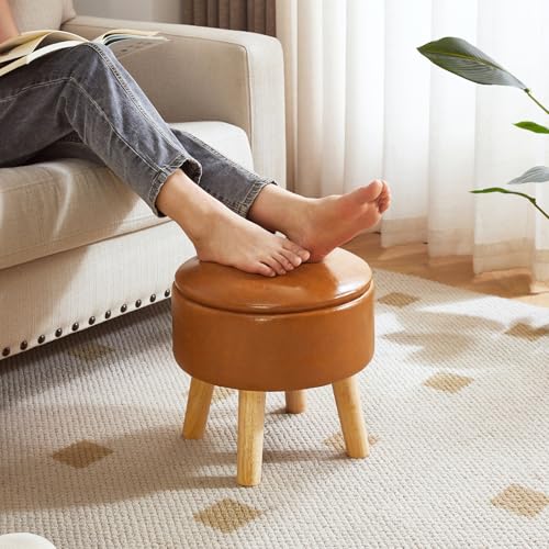 IBUYKE Small Foot Stool Ottoman with Storage, Round,Yellowish-Brown