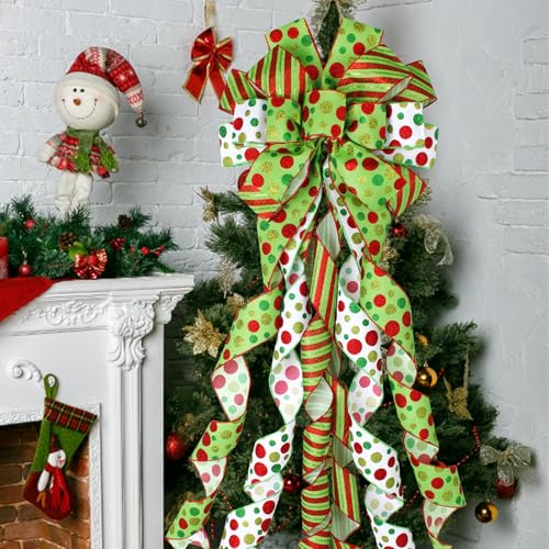 Wninbu Christmas Tree Topper Bow Wreath, 44 x 13 Inches Large Bow Tree Topper, Glitter Red and Green Christmas Wreath for Tree Indoor Outdoor Christmas Decoration