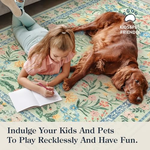 Lahome Washable Green Rug, 5x7 Whimsical Floral Rug for Nursery Classroom