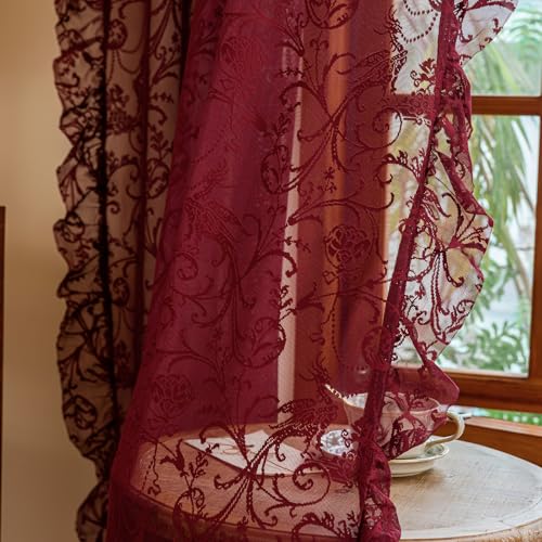 TUDECO Burgundy Sheer Curtains 84 Inches Long for Living Room - Luxury Modern Maroon Red Sheer Curtains for Bedroom, Aesthetic Tulle Rod Pocket Light Filtering Farmhouse Red Drapes, 59 x 84 Inch