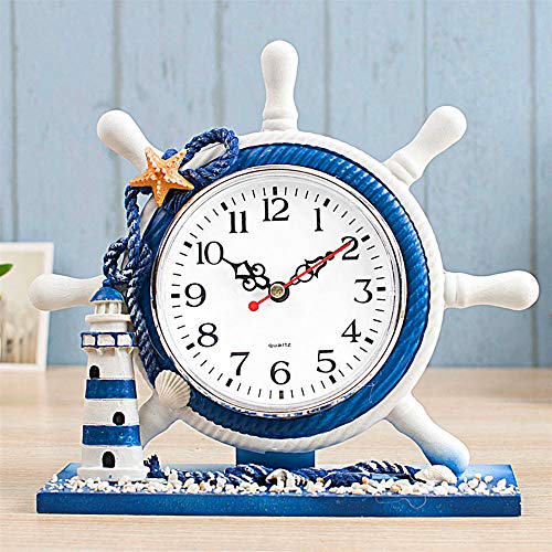 Mediterranean Style Nautical Silent Desk Clock Lighthouse Helm Wooden Clocks Ship Wheel Rudder Shelf Clocks Beach Theme Clock Decor Ornament (7.87"x2.76"x7.87"-Helm Lighthouse)