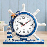 Mediterranean Style Nautical Silent Desk Clock Lighthouse Helm Wooden Clocks Ship Wheel Rudder Shelf Clocks Beach Theme Clock Decor Ornament (7.87"x2.76"x7.87"-Helm Lighthouse)