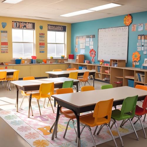 Breling 8'4" x 6' This is Our Happy Place Classroom Rug Pink Checkered Large Area Rug for Kids Educational Play Carpet for Playroom Preschool Kindergarten, This is Our Happy Place Classroom Decor